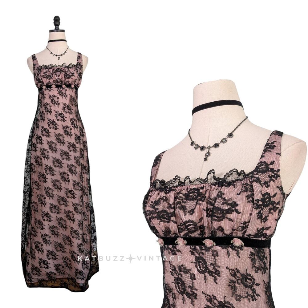 Vintage Mcclintock Prom Dress Maxi Gown 4 Pink Black Lace Babydoll Coquette 90s